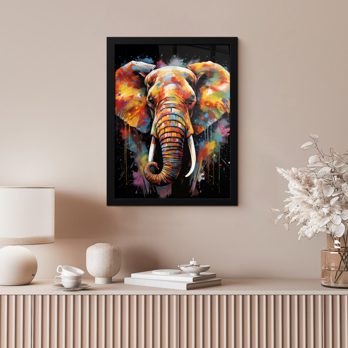 GERAHMTES BILD Elefant - Graffiti - Schwarz - Tiere - Farben 30x40 cm - Schwarz, Papier (30/40cm) - MuchoWow
