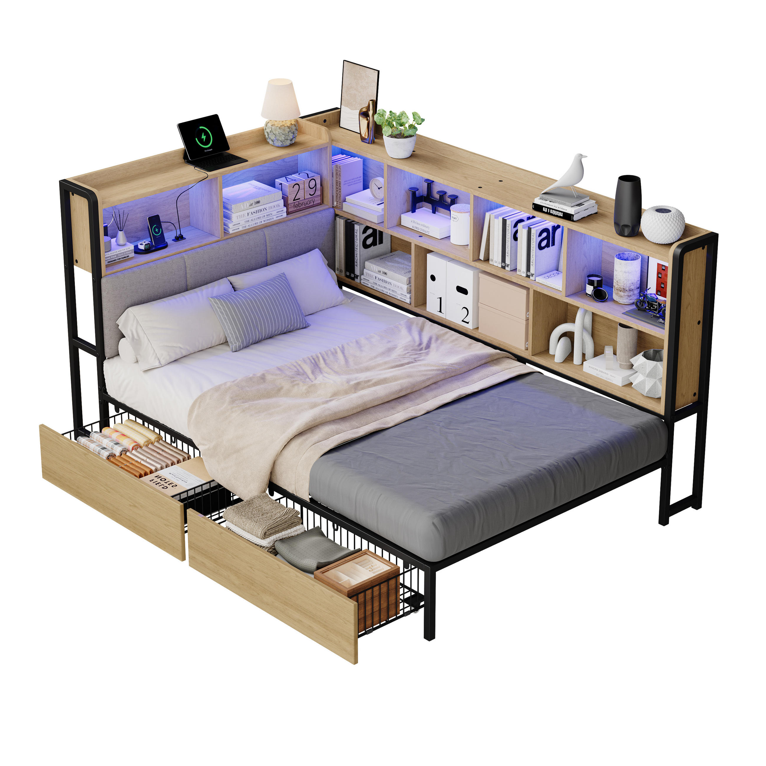 DAYBETT Natur 90x200 LED USB Type-C Schubladen Stauraum - Naturfarben, Metall (90/200cm) - FLIEKS