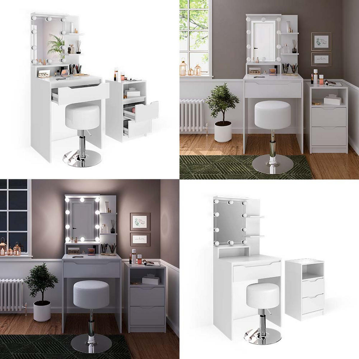 SCHMINKTISCH Ruben Weiß mit Schubladenschrank LED Beleuchtung und Hocker - Weiß, Holzwerkstoff (60/142.7/48cm) - Vicco
