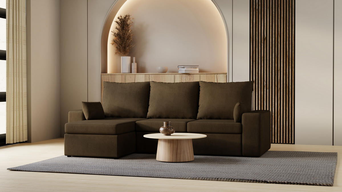 ECKSOFA Paco mit Bettkasten und Schlaffunktion, L-Form/XL-Form, Velourstoff, Universal - Braun, Holzwerkstoff (246/145cm) - 4ALL HOME