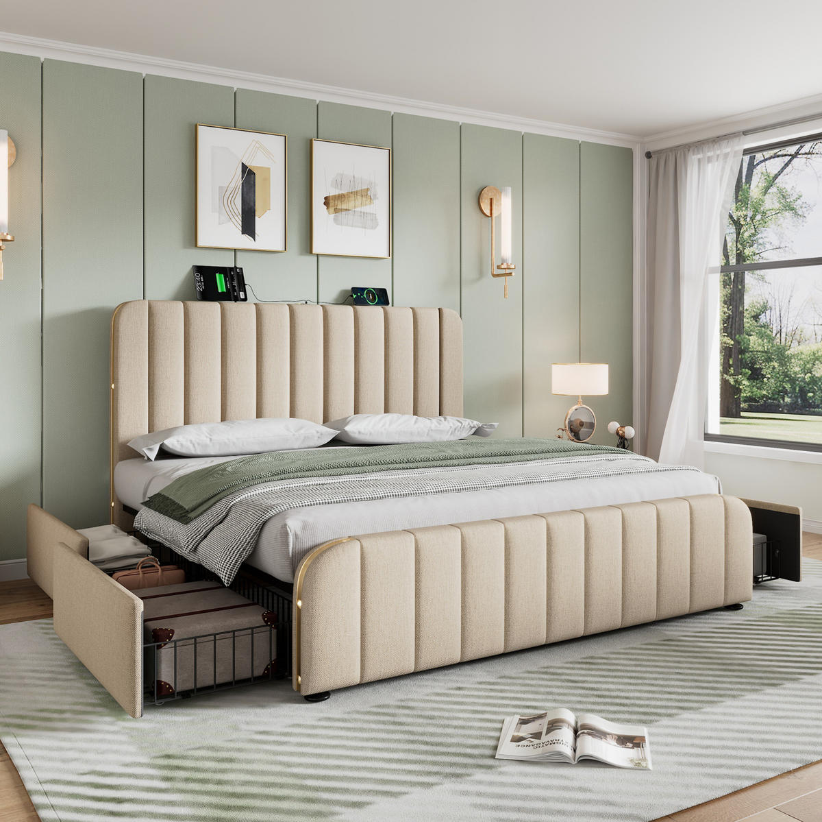 POLSTERBETT 160/200 cm mit 4 Schubladen, USB/Typ-C im Kopfteil, Leinen Beige - Beige, Textil (160/200cm) - Redom