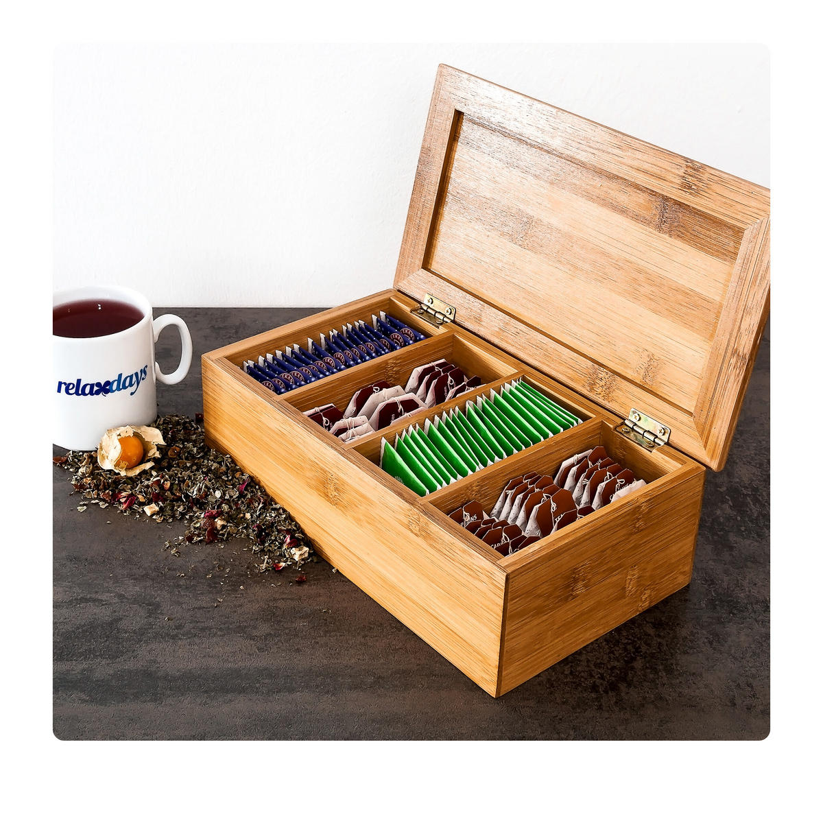 TEEBOX Natur Bambus lackiert 4 Fächer 27,5x15,5x9 cm - Hellbraun, Holz (16/9/28.5cm) - Relaxdays