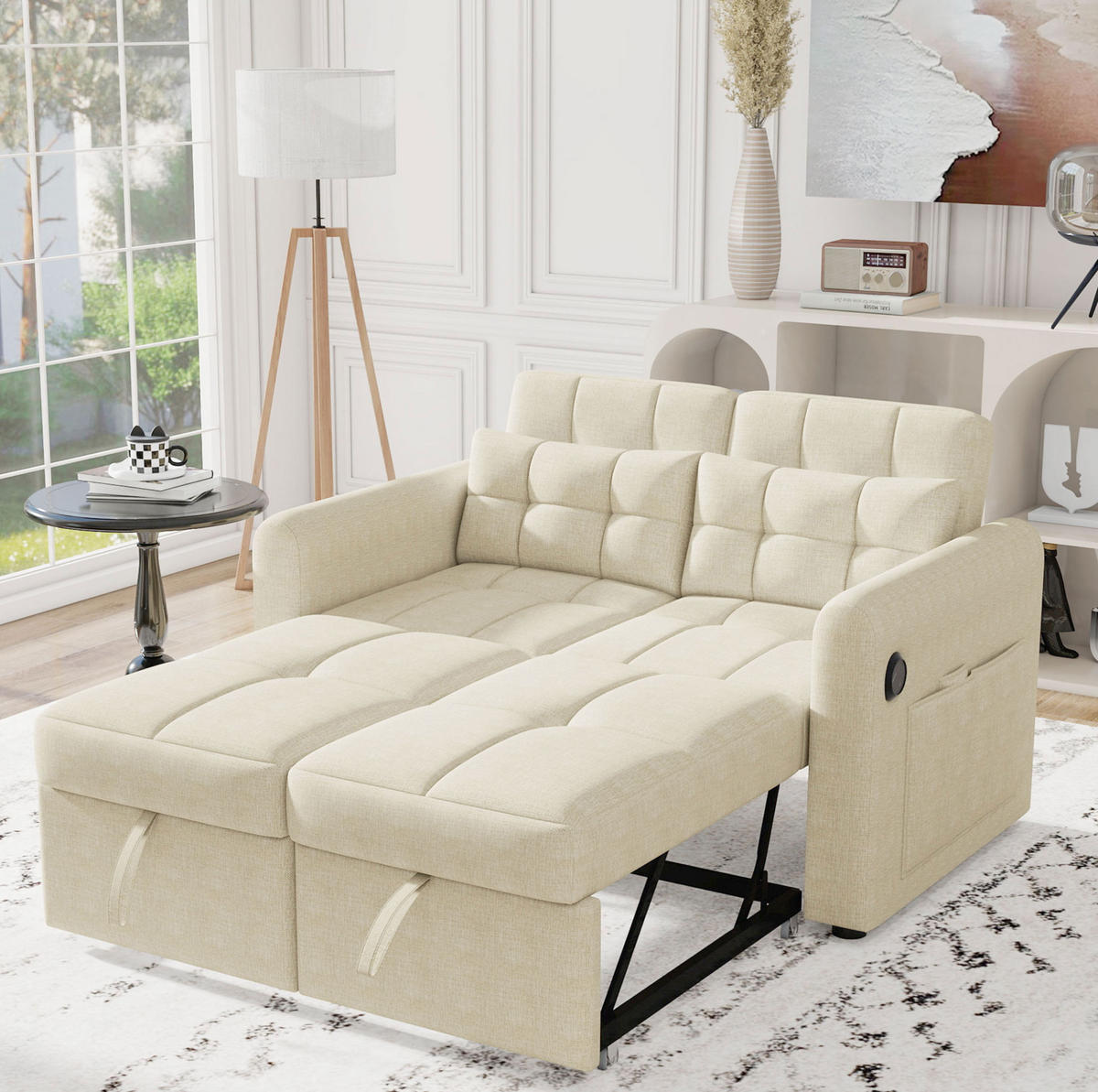 SCHLAFSOFA aus Baumwoll-Leinen 142x85x83 cm Beige mit USB, Armlehnentaschen und verstellbarer Rückenlehne - Beige, Textil (142/83/85cm) - Modfu