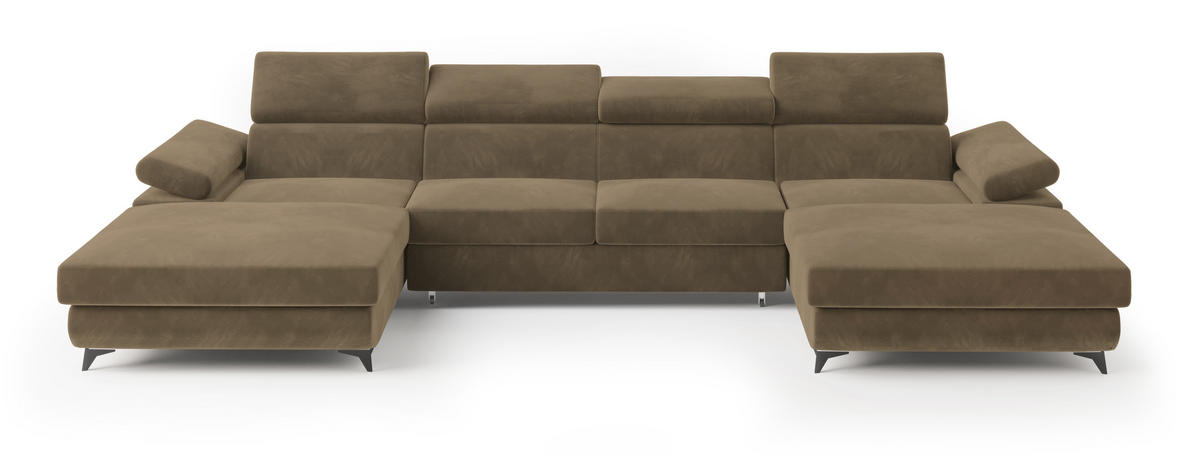 WOHNLANDSCHAFT DETTI Beige Velours-Stoff mit Schlaffunktion - Beige, Holz (339/89/190cm) - MASSENO