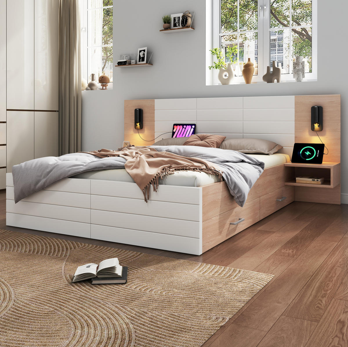 BETT 160/200 cm mit 2 Schubladen, Leselicht & USB, Massivholz/MDF, Weiß/Eiche - Weiß, Holzwerkstoff (160/200cm) - Redom