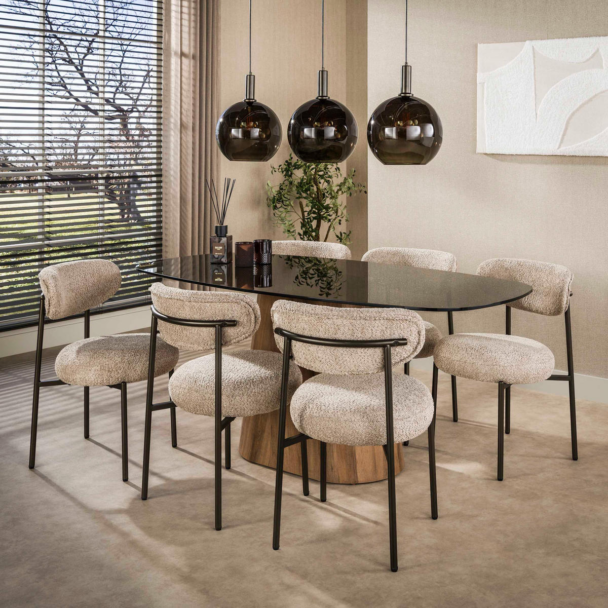 ESSTISCH TINTO CENTRO GRANDE Dänisch-Ovaler Säulentisch mit Rauchglas & Eichenoptik - Schwarz, Glas (215/105/76cm) - alesvelt