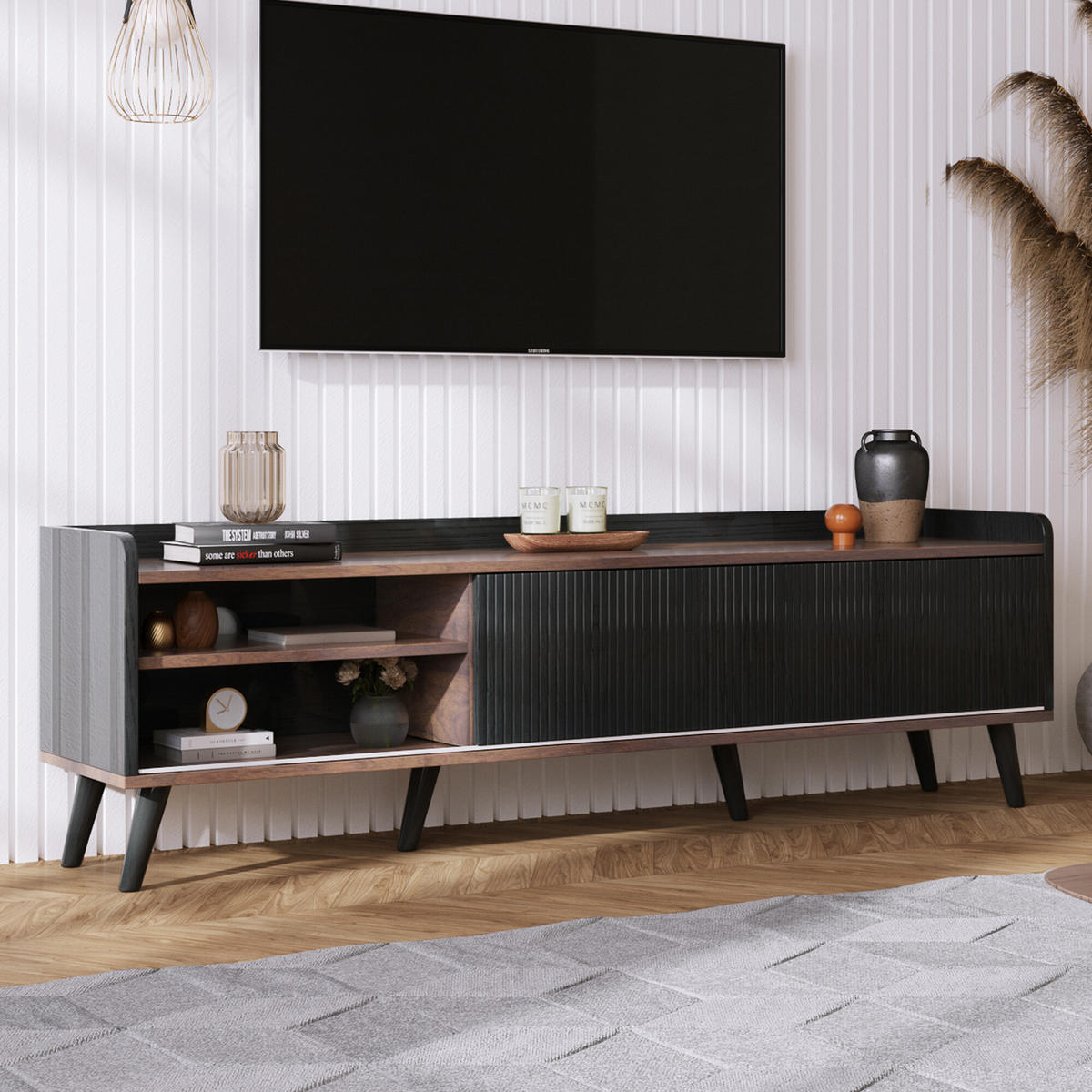 TV-MÖBEL Holz- und Schwarz-Effekt 160/40/58 cm - Schwarz, Holz (40/58/160cm) - Urban Meuble