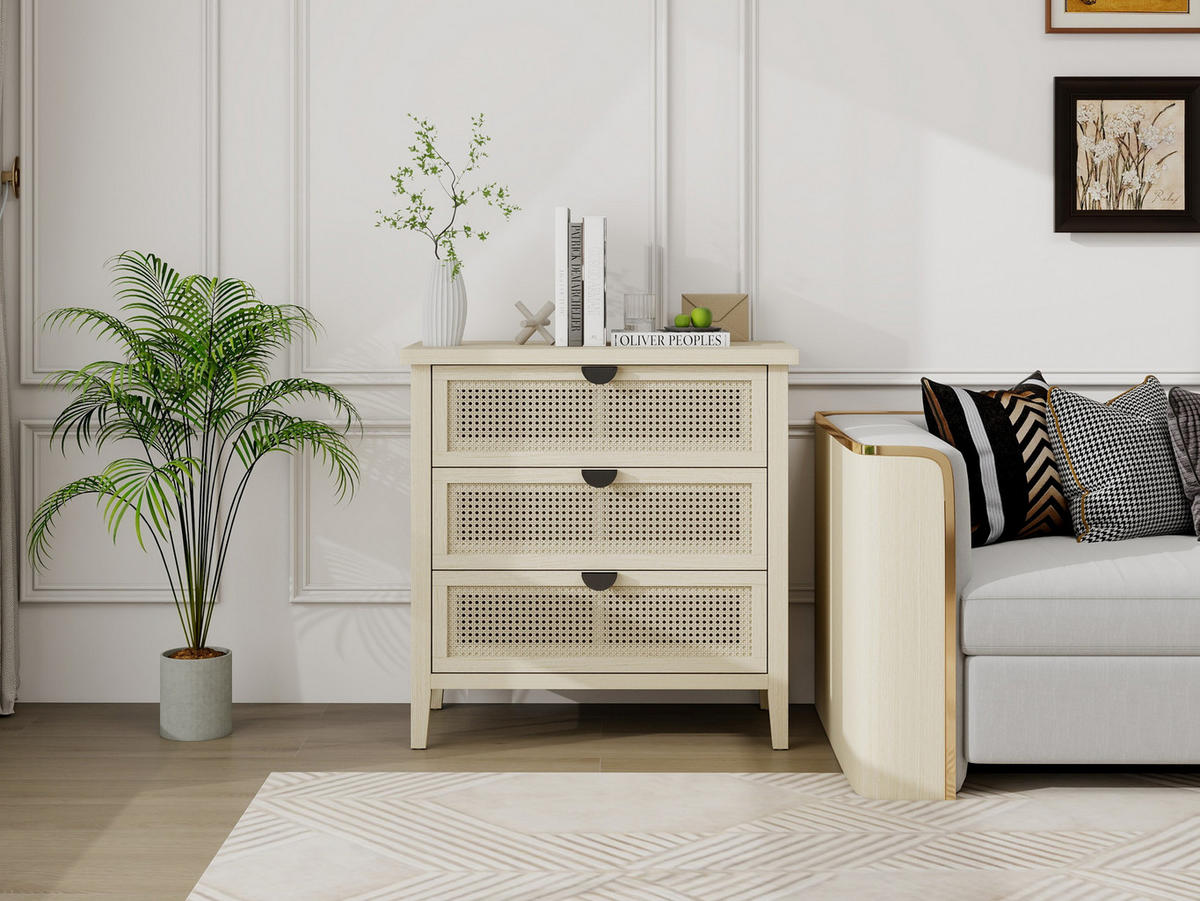 KOMMODE mit 3 Schubladen, Naturholzoptik & Rattan Fronten - Beige, Holzwerkstoff (80/80/40cm) - Urban Meuble