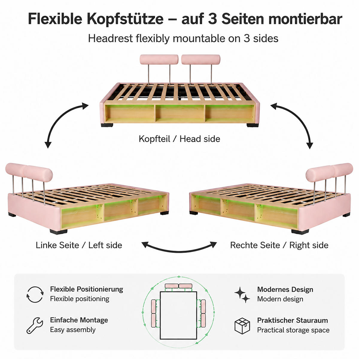 POLSTERBETT 140/200 cm in Rosa mit LED, offenem Stauraum und flexiblen Kopfstützen aus Samt, niedriges Design - Schwarz/Rosa, Holzwerkstoff/Textil - STILVORA