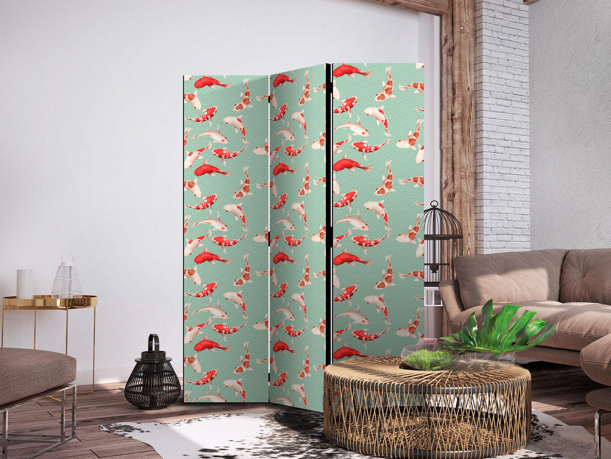 PARAVENT Einseitig Bedruckter 3-tlg 135x172 cm Koi Fische - Multicolor, Holz/Textil (135/172/3cm) - Muralo