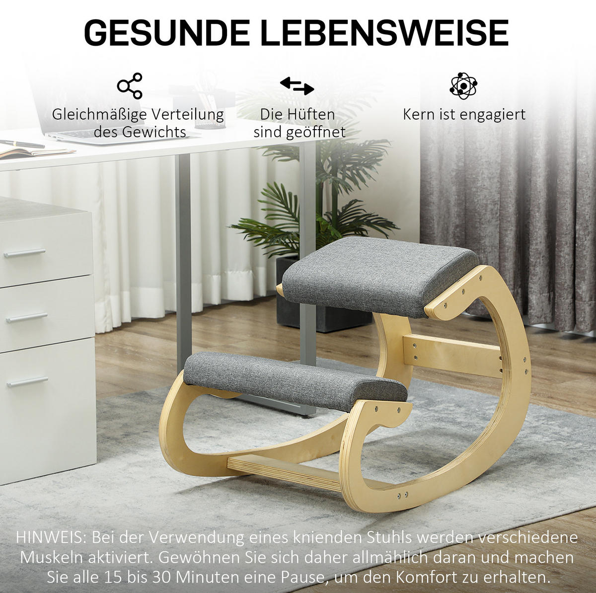 STUHL 54,5/85/54 cm, ergonomischer Kniestuhl, schaukelnd, Birkenholz, Grau - Grau, Holz (85/54/54.5cm) - Redom