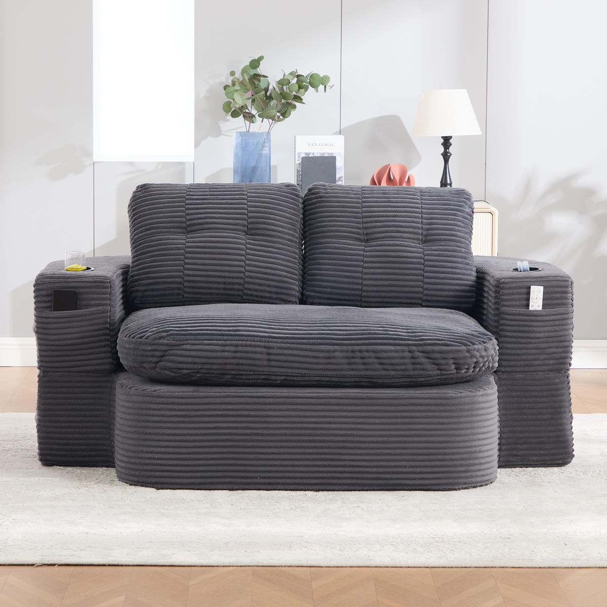 SOFA 2-in-1 mit Liegefunktion und Getränkehaltern aus Cord Dunkelgrau - Dunkelgrau, Textil (165/61/97cm) - EVRYAE