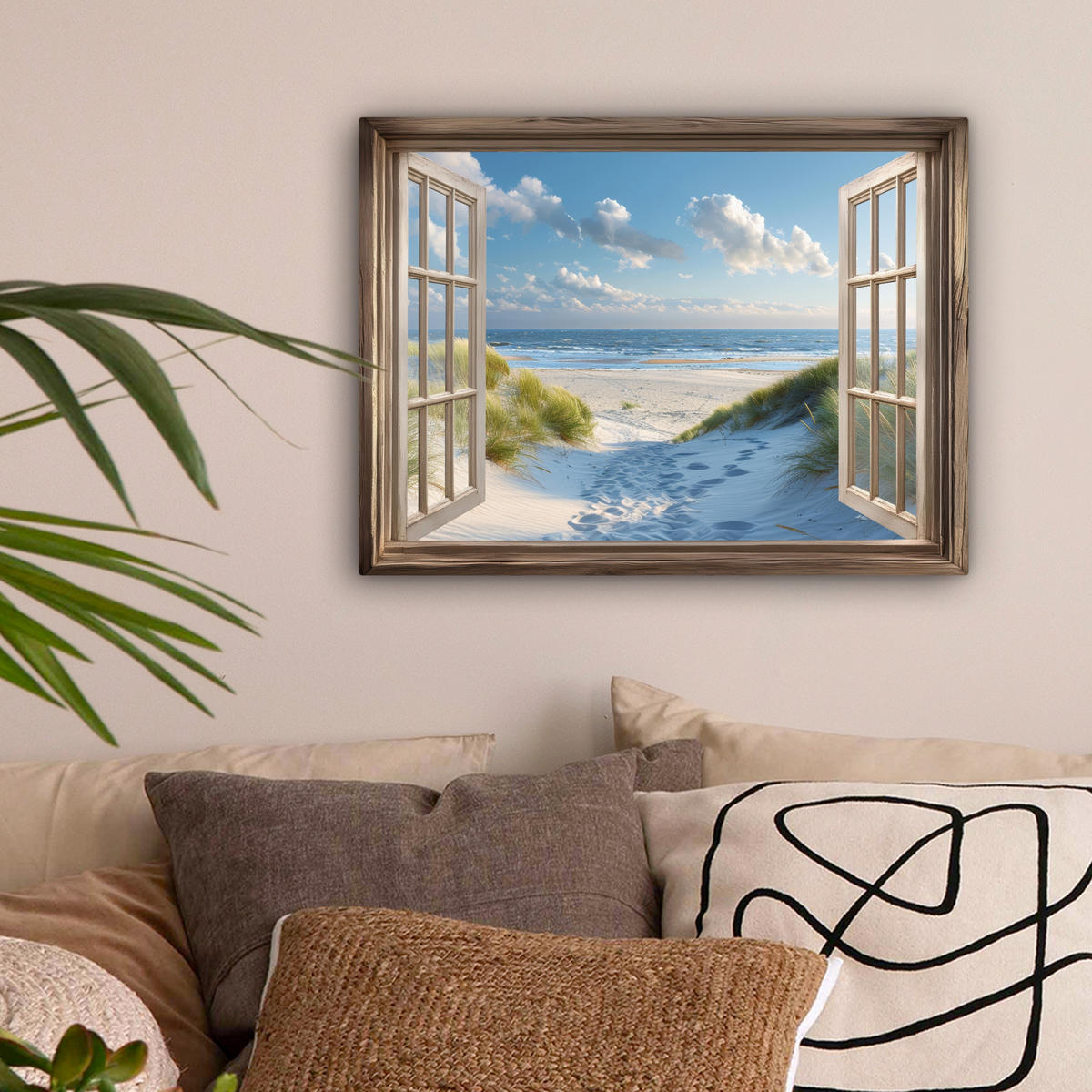 LEINWANDBILD Aussicht - Strand - Fenster - Dünen - Meer 40x30 cm - Hellblau, Textil (40/30cm) - MuchoWow