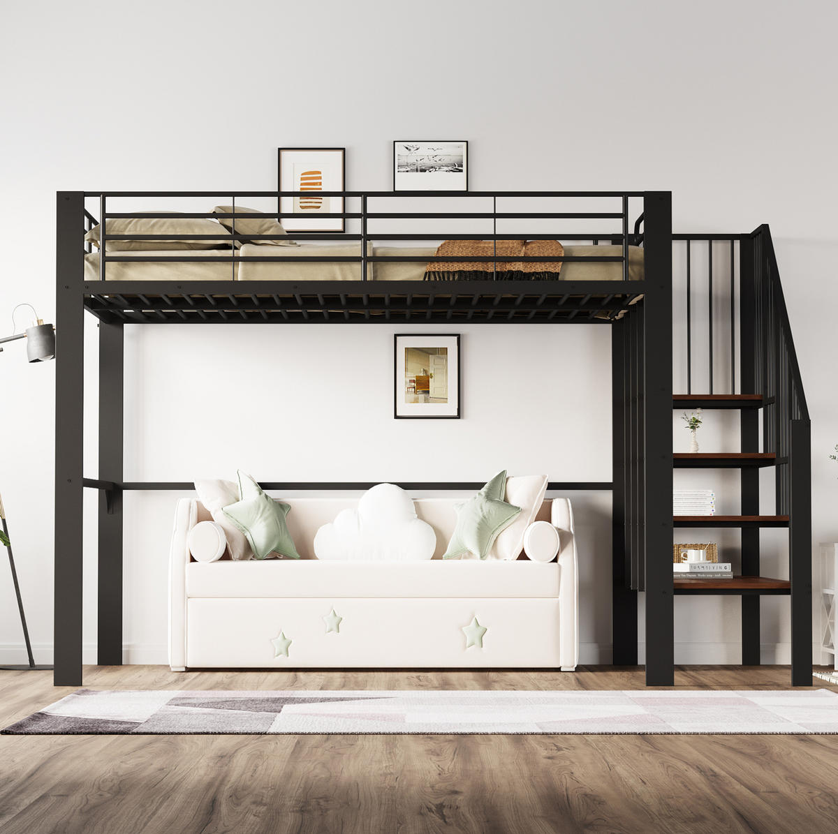 HOCHBETT 140/200 cm Schwarz aus Metall und Holz mit Treppe - Schwarz, Metall (140/200cm) - OKMYHOME