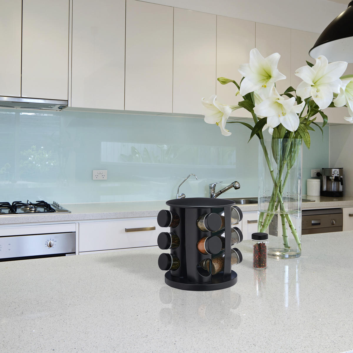 13-DIELNY stojan na korenie - čierna, kov/sklo (19/22/19cm) - Relaxdays