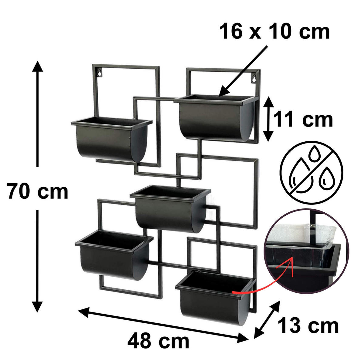 KRÄUTERREGAL Wand Metall Schwarz 48/13/70 cm - Schwarz, Metall (48/70/13cm) - DanDiBo