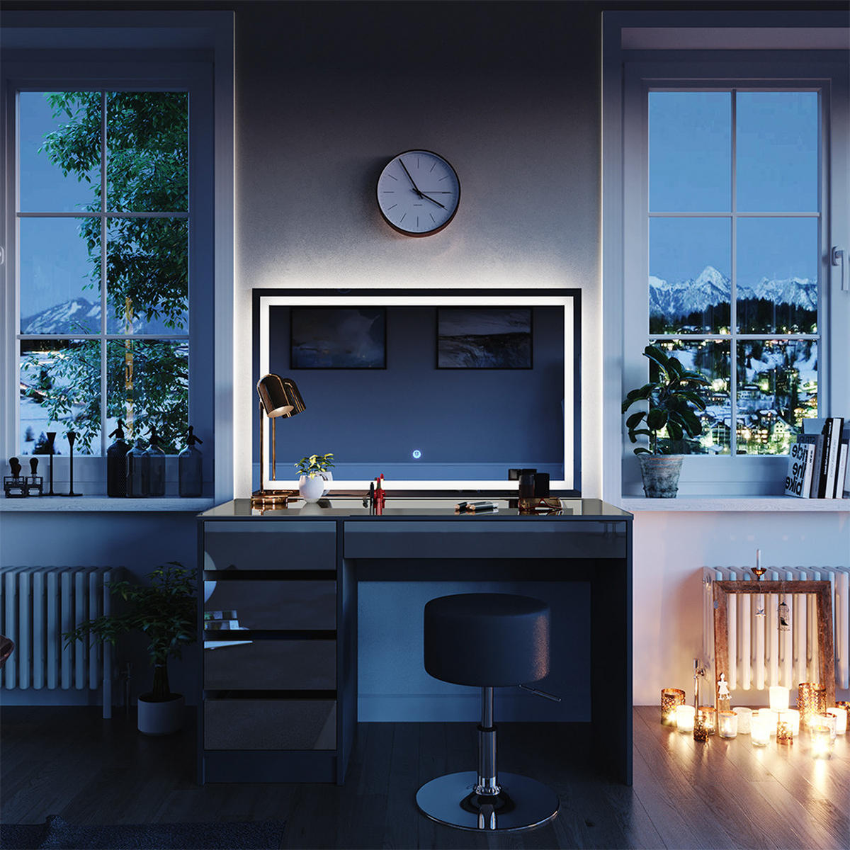SCHMINKTISCH Sherry Anthrazit 120 cm mit LED-Spiegel und Hocker - Anthrazit, Holzwerkstoff (120/75/55cm) - Vicco
