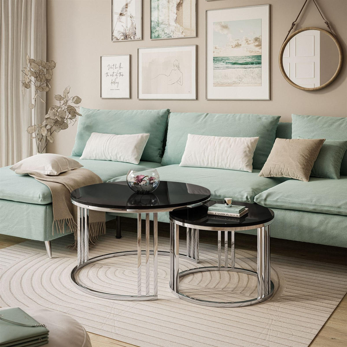 COUCHTISCH 2 in 1 LORI verchromt silber Hochglanz - Silberfarben/Schwarz, Holzwerkstoff (70/70/49cm) - Lookway