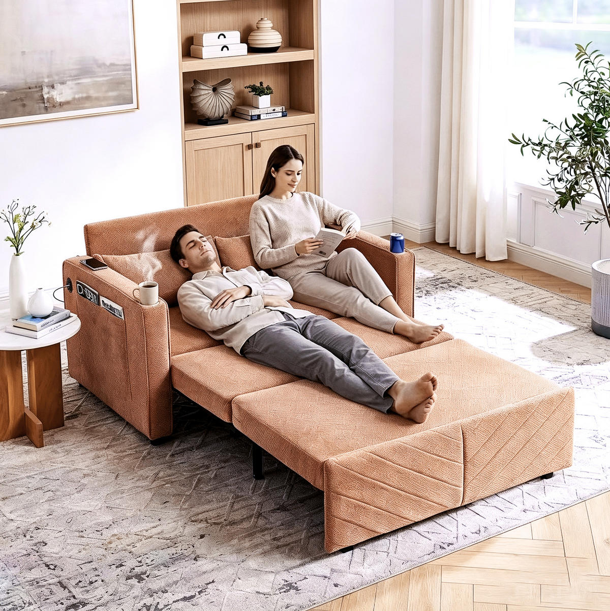 SCHLAFSOFA aus Holz und Stoff mit USB-Ladeports und Schiebe-Transform-Funktion Orange - Orange, Holz (134/73/195cm) - Modenvie