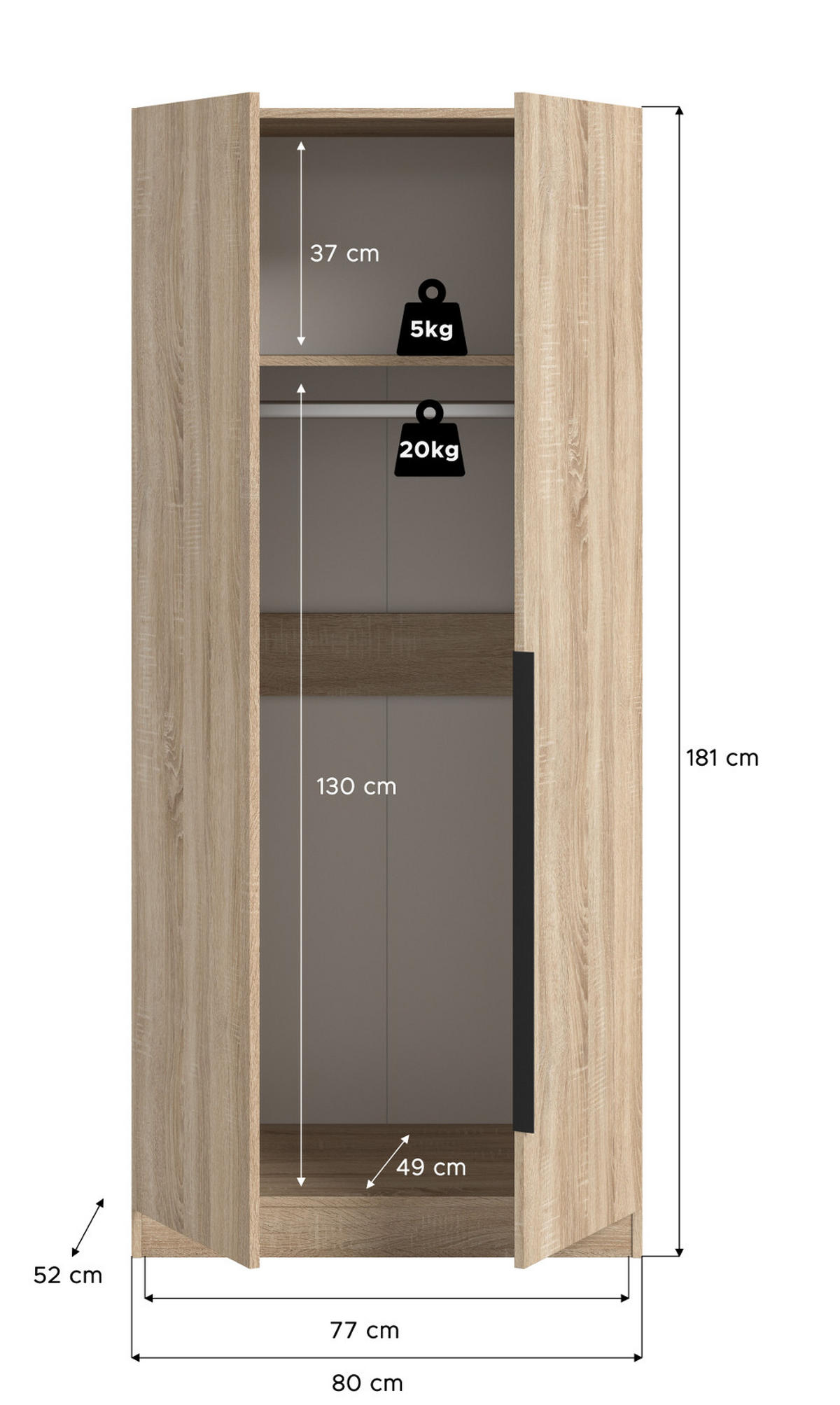 KLEIDERSCHRANK Eiche Sonoma 2-türig 80 x 181 cm, Drehtürenschrank mit Kleiderstange - Eichefarben/Schwarz, Holzwerkstoff/Kunststoff (80/181/52cm) - Inn.Furn