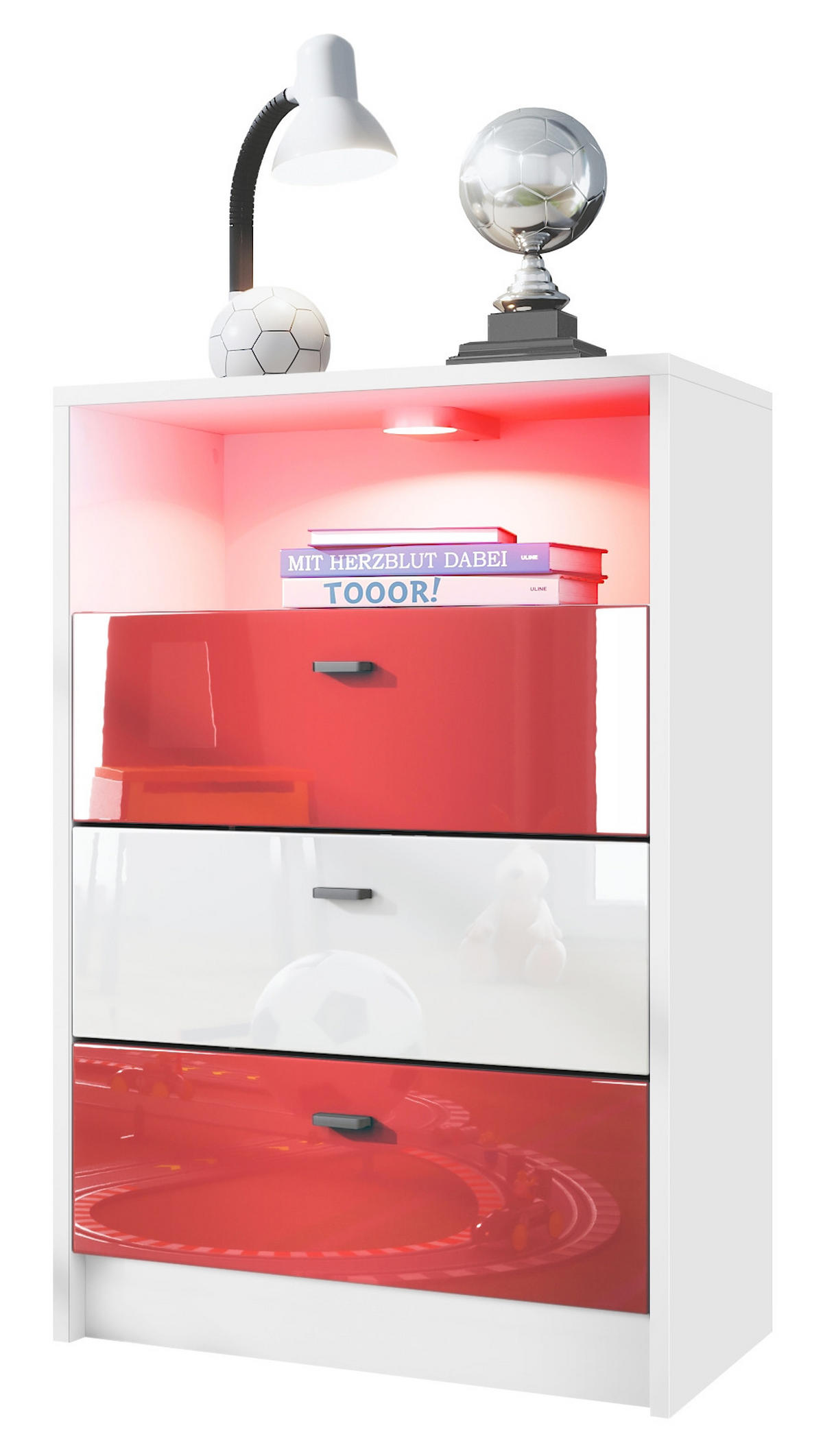 KOMMODE Pino Fronten Rot, Weiß & Rot - Weiß, Holzwerkstoff (56/86/36cm) - Vladon