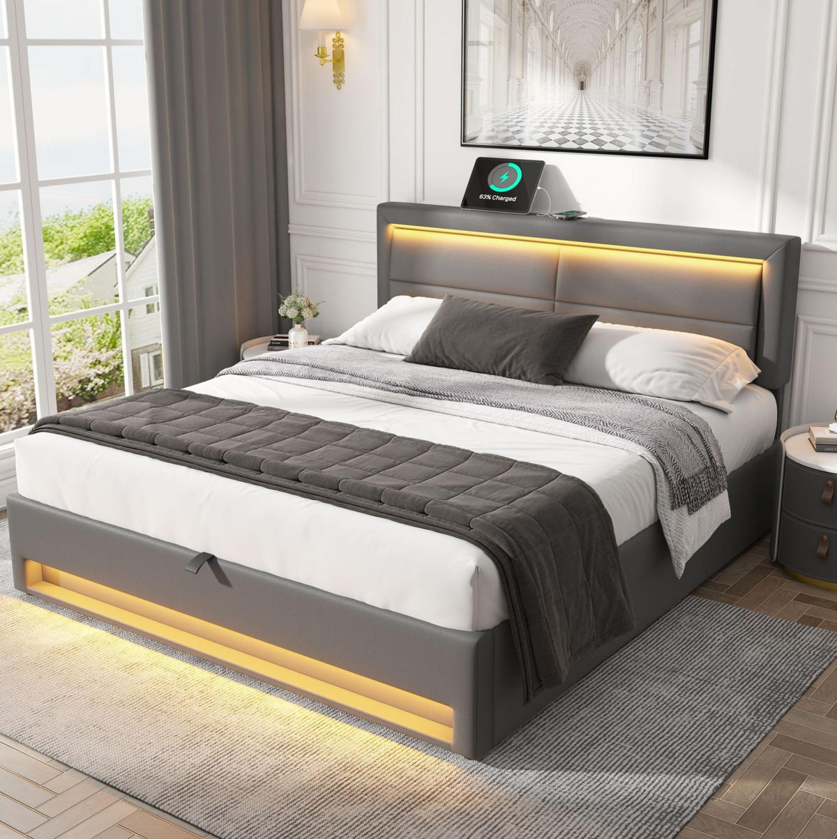 POLSTERBETT mit Stauraum & LED 140x200 cm PU Grau - Grau, Metall (140/200cm) - Meubliv