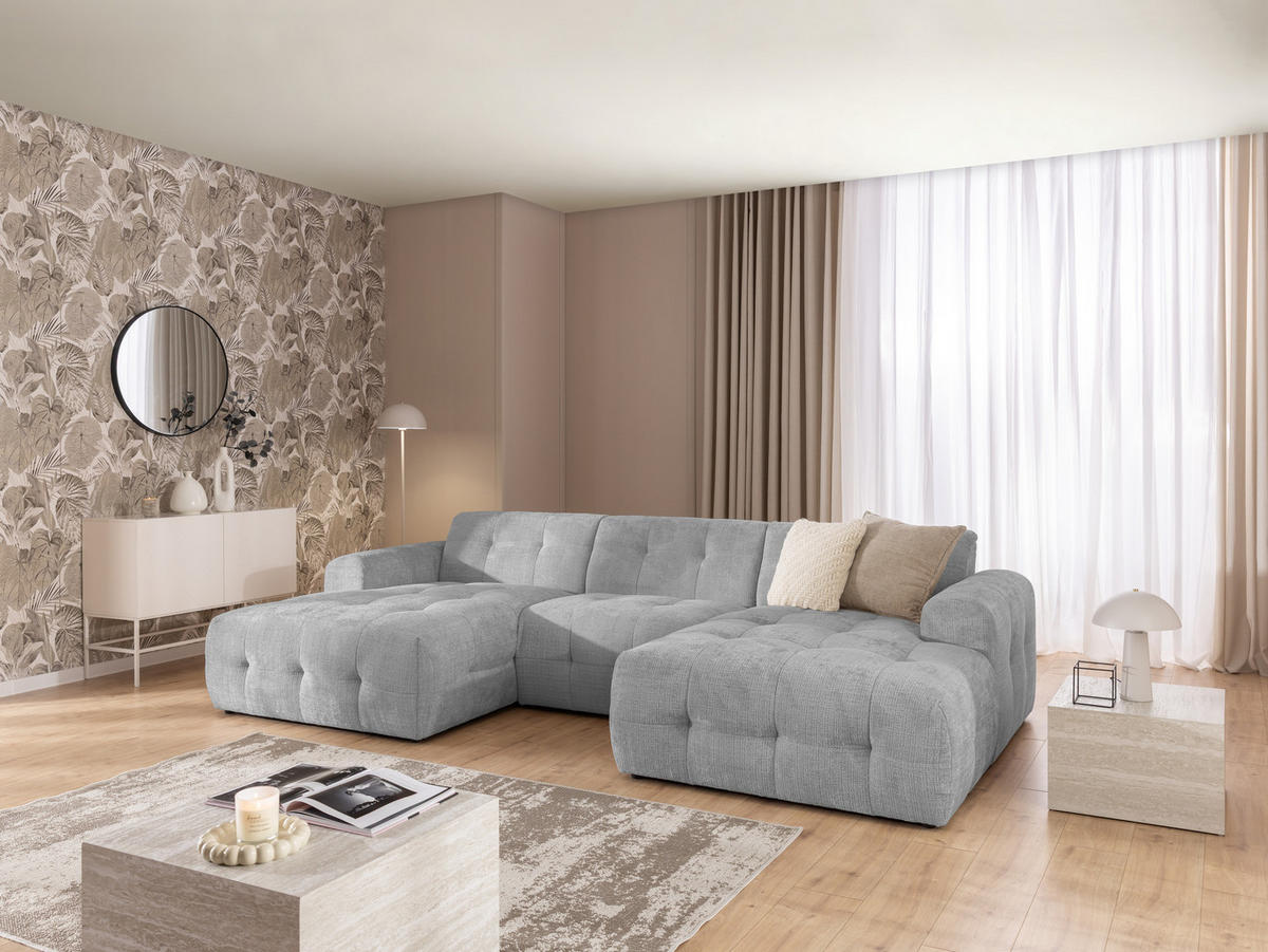 WOHNLANDSCHAFT Kozy im Bumpy-Design mit fester Rückenlehne aus weichem Hellgrau Chenille-Stoff - Hellgrau/Schwarz, Holz/Kunststoff (323/79/161cm) - S-Style Möbel