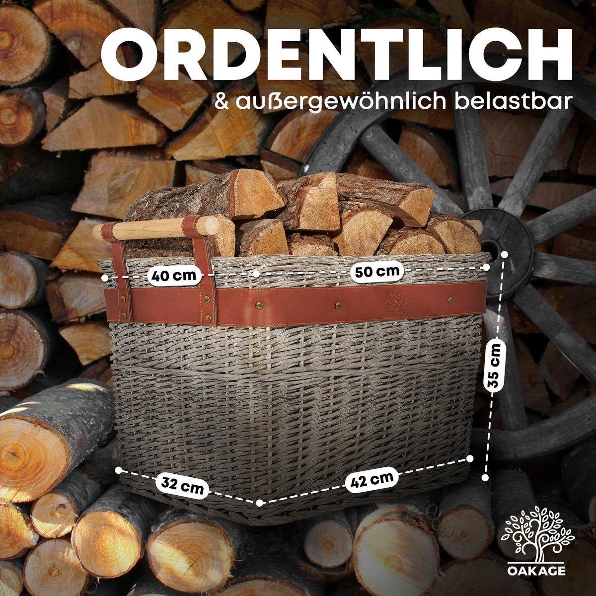 KAMINHOLZKORB WillowWrap Weide mit ausreißsicheren Holzgriffen 50/40/35 cm - Grau, Naturmaterialien (40/35/50cm) - OAKAGE