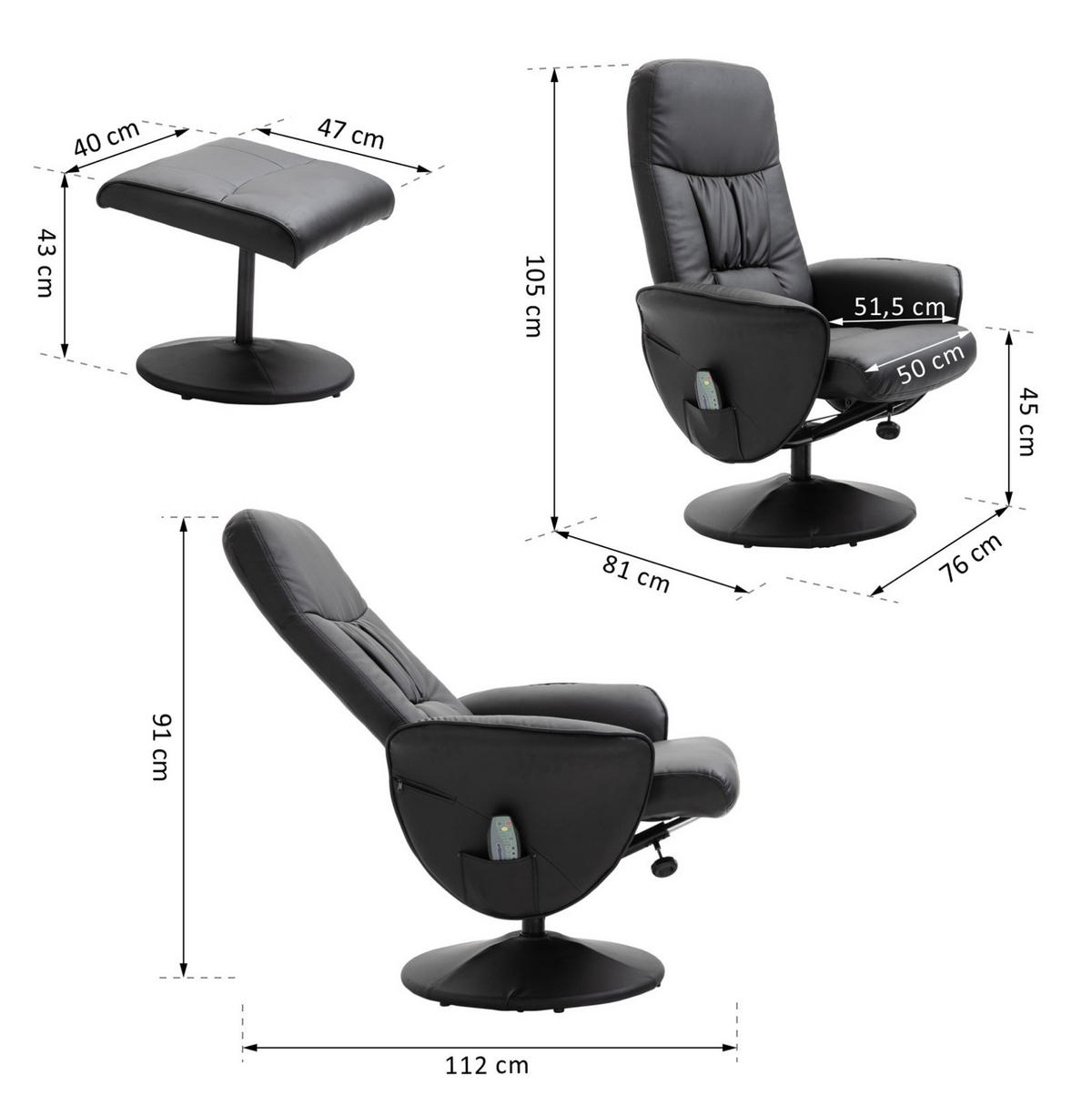 RELAXSESSELSET 76/81/105 cm in Schwarz mit Hocker, Massagefunktion und Liegefunktion - Schwarz, Kunststoff (81/105/76cm) - Flora Grace
