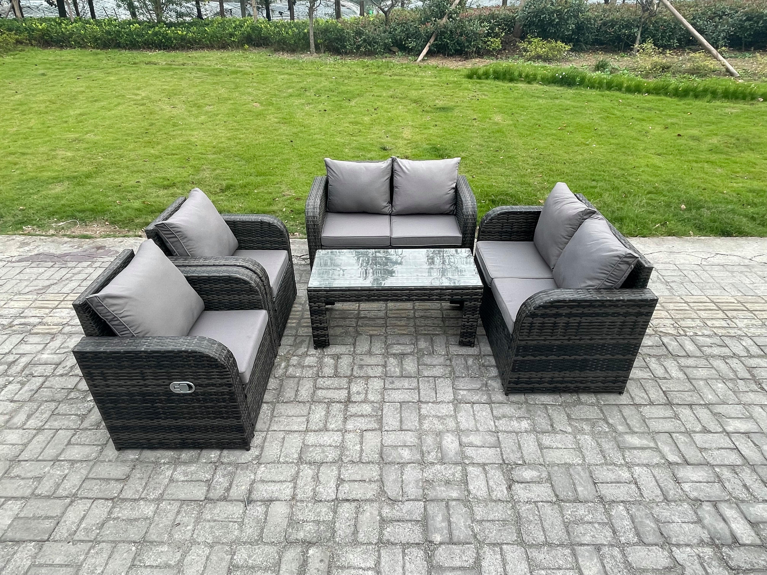 GARTENMÖBEL SET mit Sofa Polyrattan 6-Sitzer Dunkelgrau - Dunkelgrau/Grau, Glas/Kunststoff - Fimous