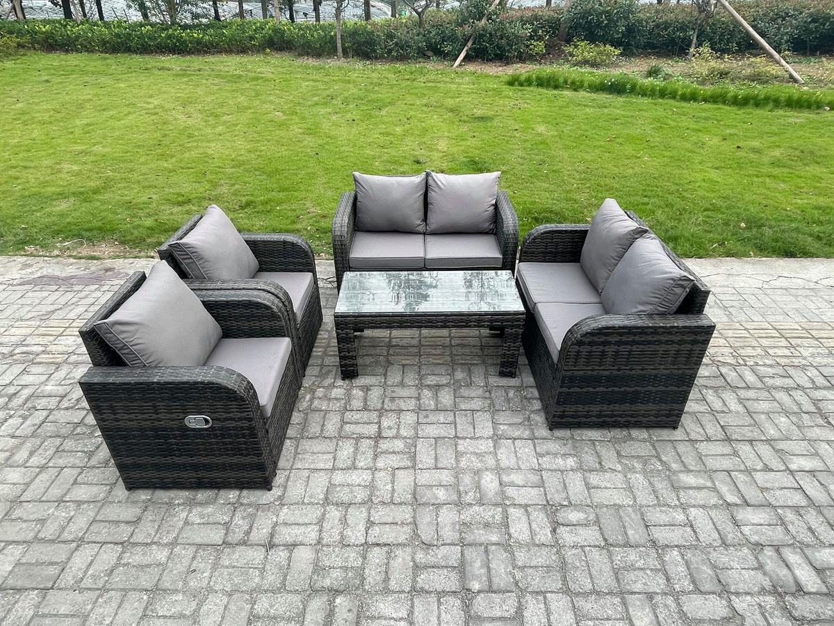 GARTENMÖBEL SET mit Sofa Polyrattan 6-Sitzer Dunkelgrau - Dunkelgrau/Grau, Glas/Kunststoff - Fimous