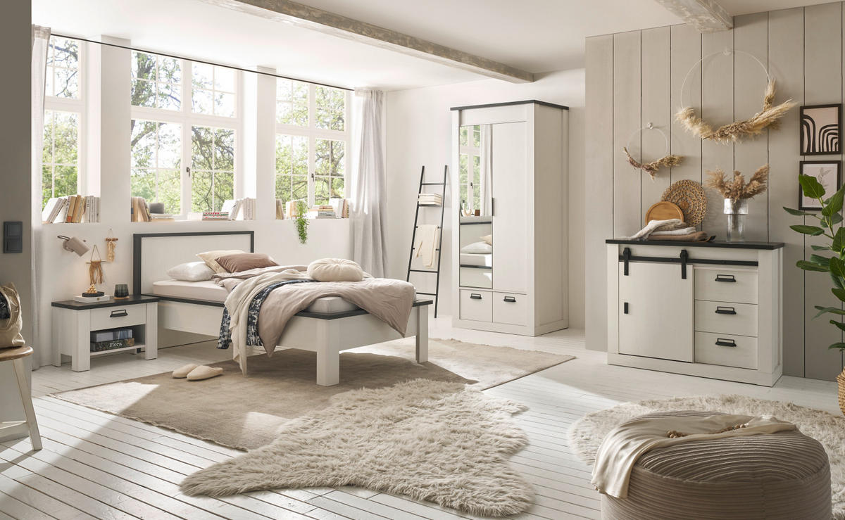 KLEIDERSCHRANK weiß Pinie, anthrazit Landhaus, Drehtürenschrank 2-türig mit Spiegel 93 x 209 cm - Anthrazit/Weiß, Holzwerkstoff/Metall (93/209/63cm) - Furn.Design