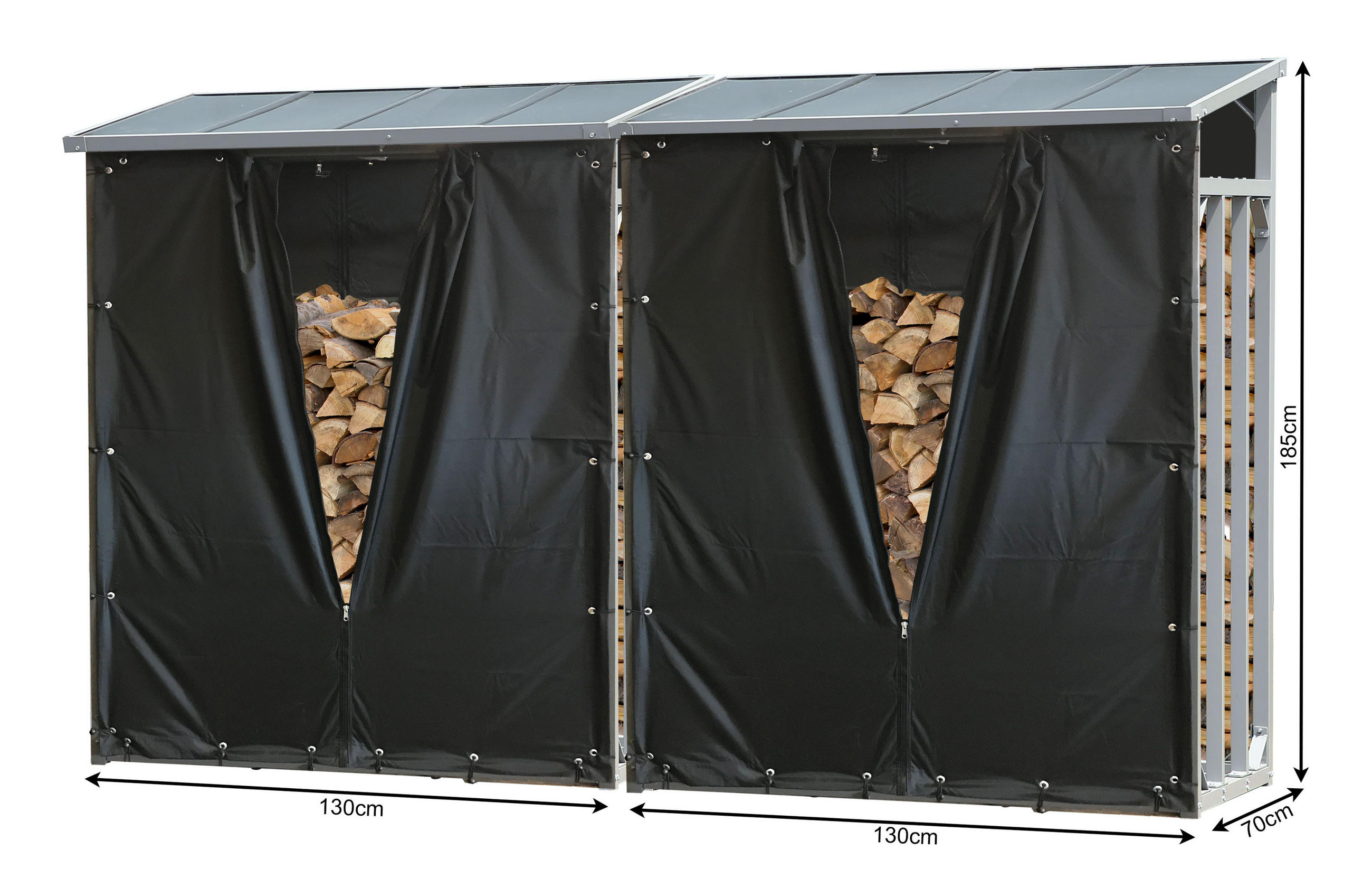 KAMINHOLZREGAL Außen 2 Stück 130x70x185 cm Aluminium Grau mit Wetterschutz 3,2 m³ / 5 SRM - Schwarz/Grau, Metall (130/185/70cm) - QUICK STAR
