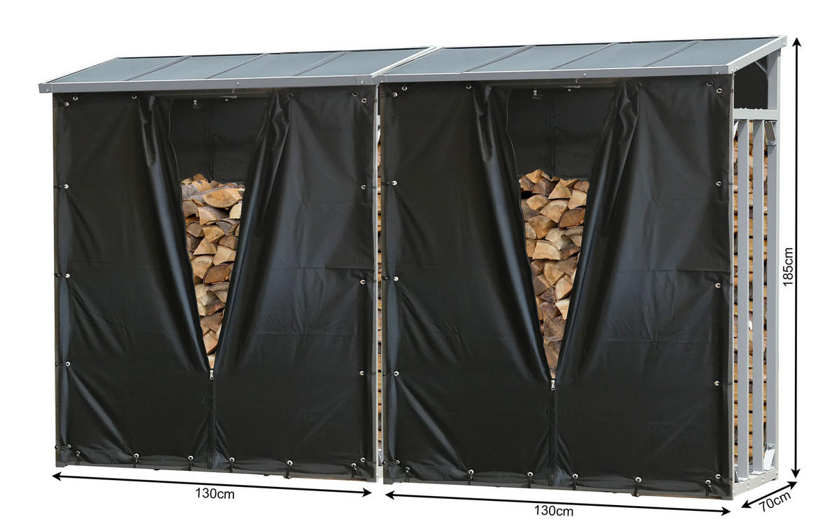 KAMINHOLZREGAL Außen 2 Stück 130x70x185 cm Aluminium Grau mit Wetterschutz 3,2 m³ / 5 SRM - Schwarz/Grau, Metall (130/185/70cm) - QUICK STAR