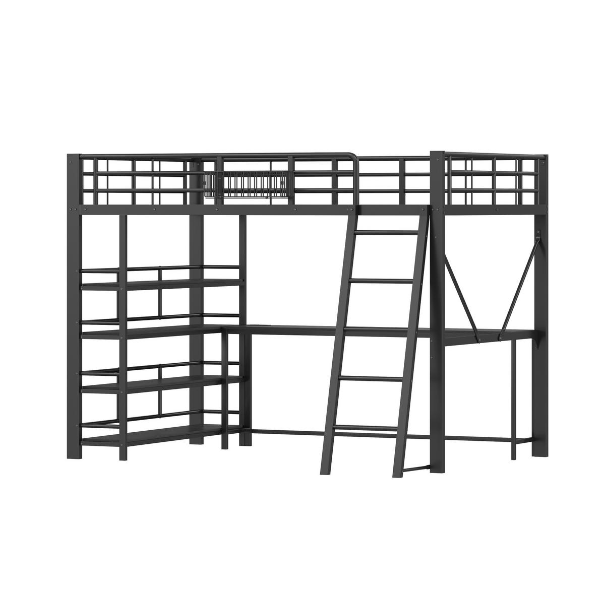 METALL-HOCHBETT aus Metall und MDF 140x200 cm Schwarz mit Schreibtisch, LED und USB-Ladestation - Schwarz, Holzwerkstoff (140/200cm) - Modfu