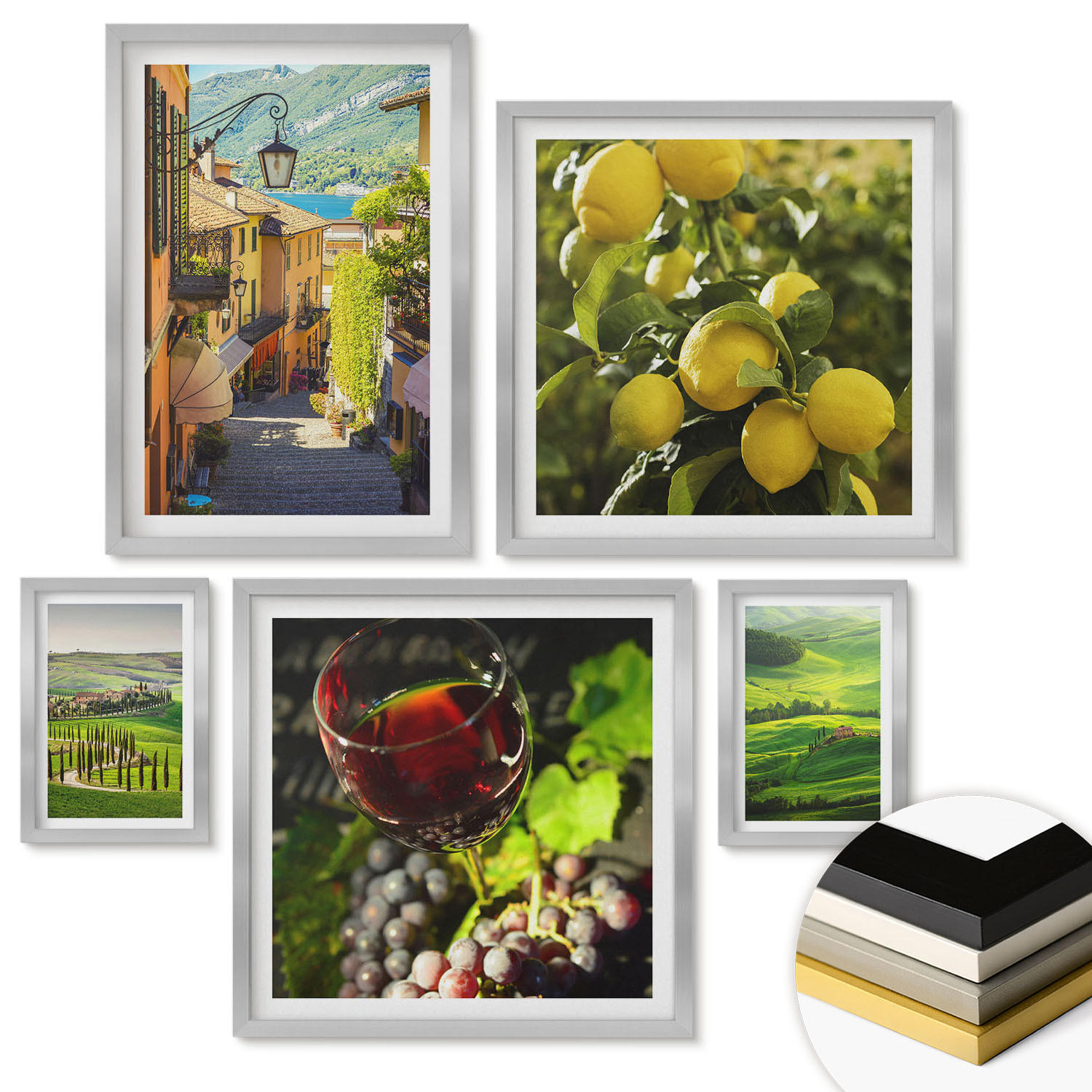 WANDBILDER 5er Set - 50x50 cm & 20x30 cm & 40x60 cm Silberner Rahmen - Italienische Landschaften, Zitrushügel - Silberfarben, Kunststoff (40/60cm) - ArtPrintCave