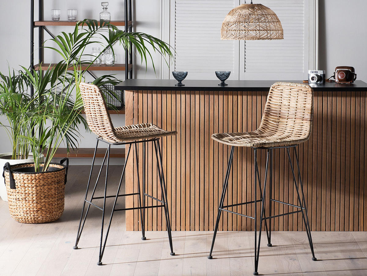 BARHOCKER 2er-Set Rattan Beige Cassita - Beige, Naturmaterialen/Metall (43/103/47cm) - Beliani