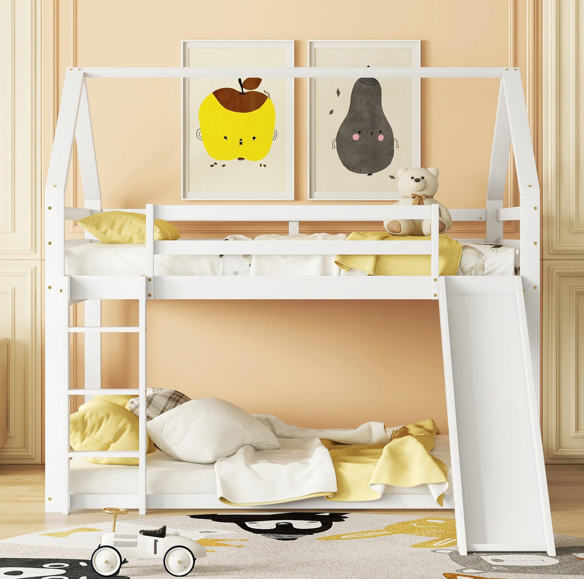 ETAGENBETT aus Kiefernholz 140x200 cm Weiß mit Rutsche und Leiter im Hausdesign - Weiß, Holzwerkstoff (140/200cm) - Modfu