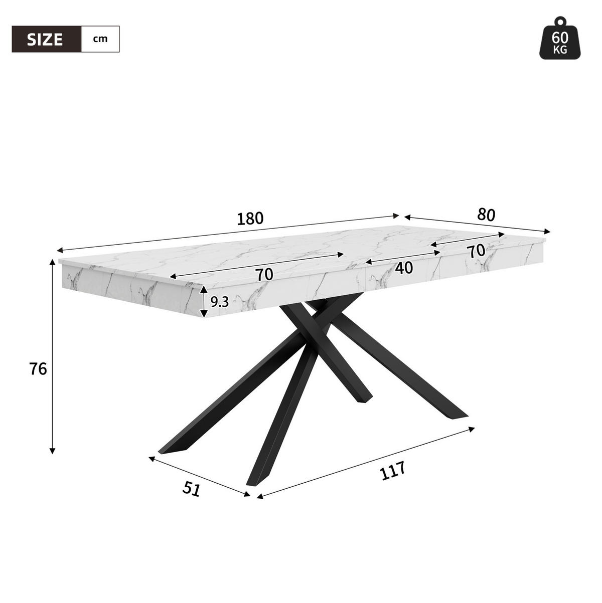 ESSTISCH aus MDF 180x80x76 cm Weiß ausziehbar mit 93 mm Tischplatte und Kreuzbeinen - Weiß, Holzwerkstoff (180/80/76cm) - Modfu