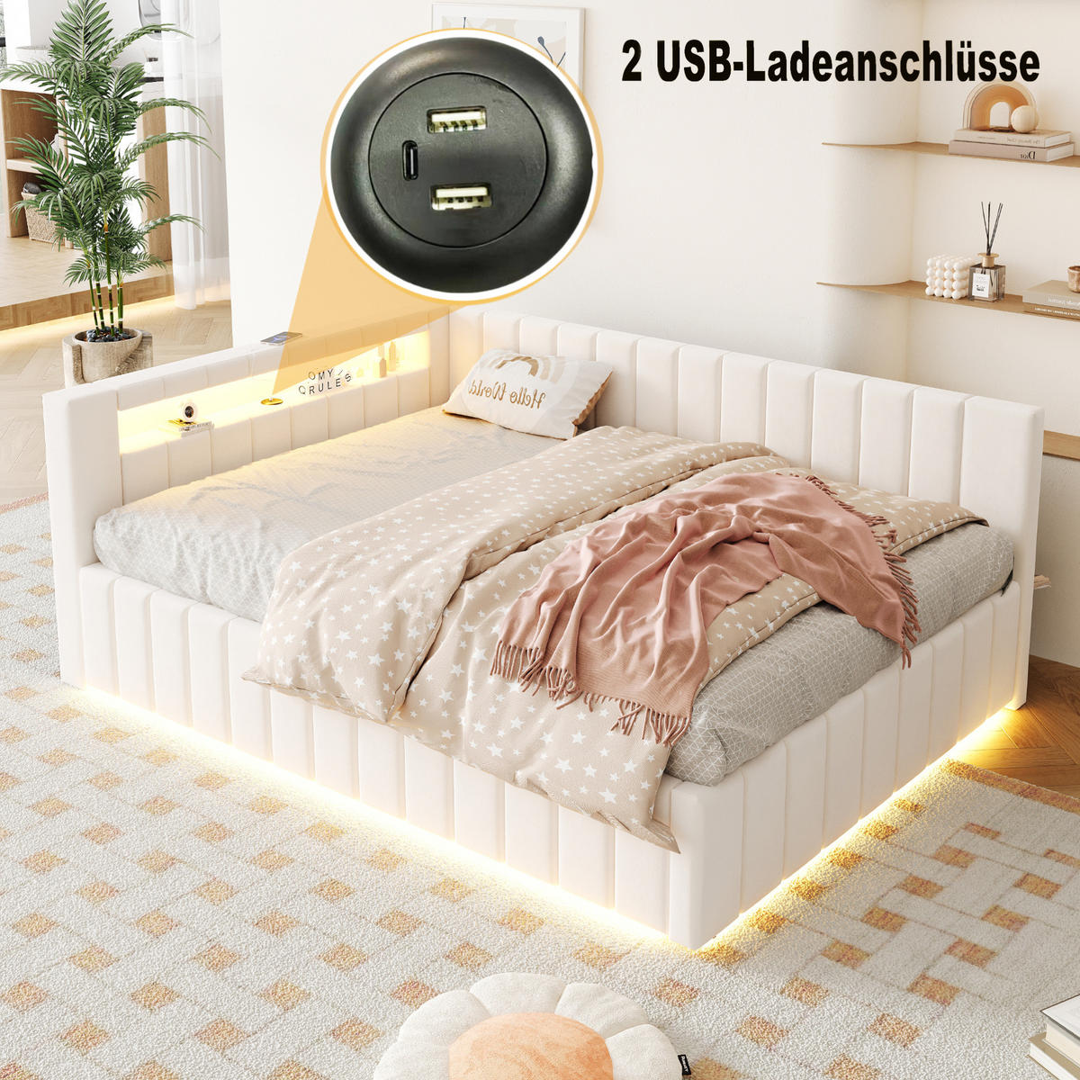 POLSTERBETT 140/200 cm aus Samtstoff mit LED-Beleuchtung USB-Anschluss und Stauraum Beige - Beige, Textil (140/200cm) - Modenvie