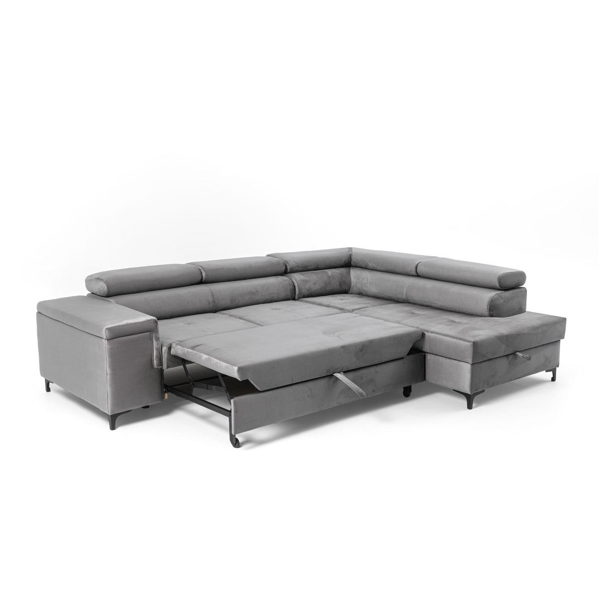 ECKSOFA WILLIAM L Rechts mit Schlaffunktion 127x195 Velours Hellgrau - Silberfarben/Hellgrau, Holz/Textil (203/275cm) - Muffo