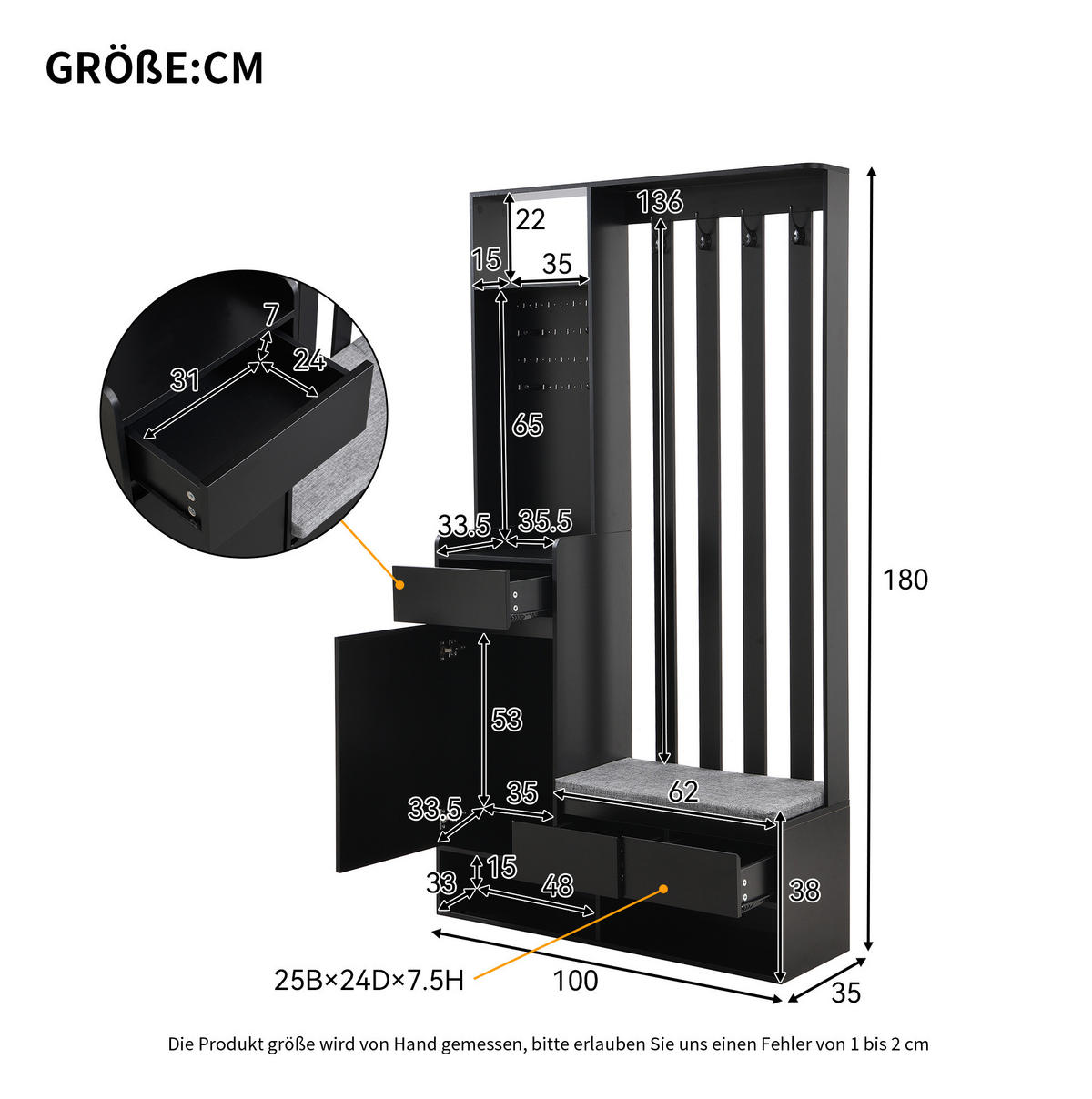 GARDEROBE aus MDF H180 & B100 & T35cm in Schwarz mit Sitzbank & Stecktafel - Schwarz, Holzwerkstoff (100/180/35cm) - Modfu