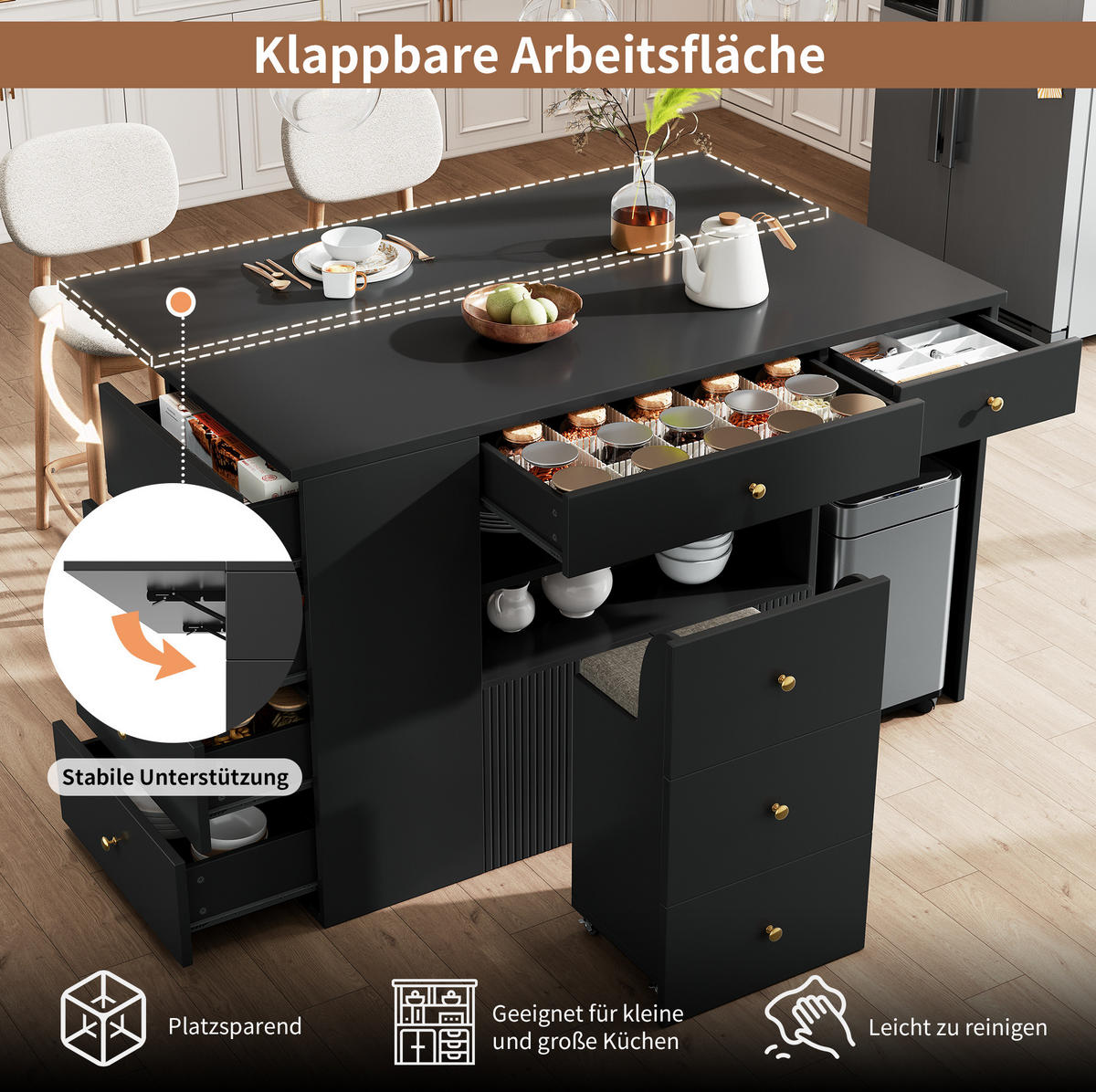 KÜCHENINSEL 140/40-70/89 cm aus MDF und Metall mit Hocker und viel Stauraum Schwarz - Schwarz, Holzwerkstoff (140/89/70cm) - Modenvie