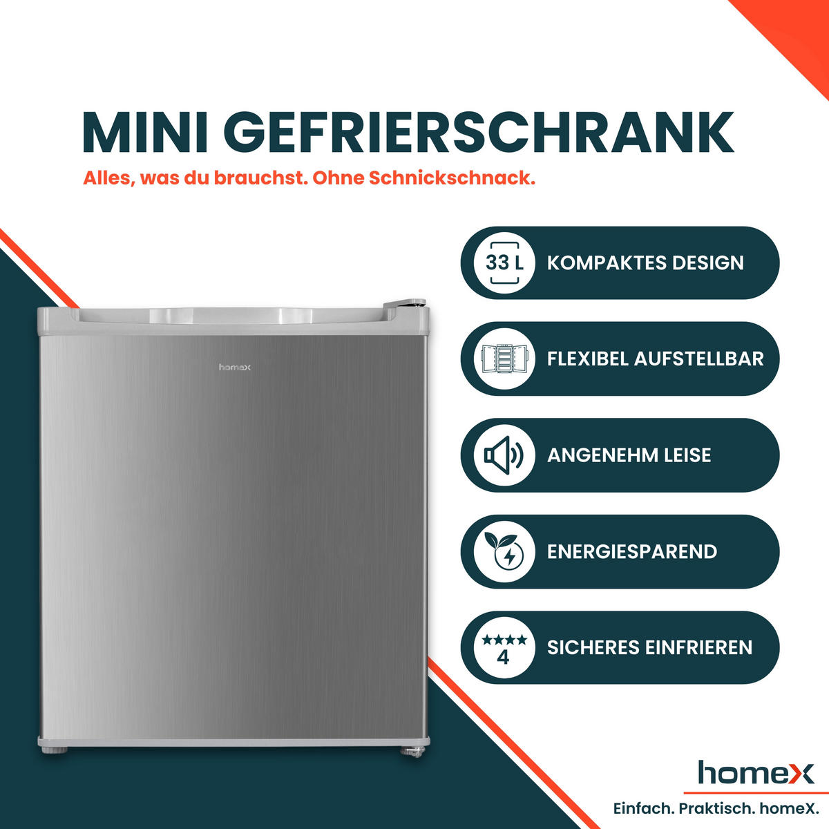 GEFRIERSCHRANK, Mini - 33L Nutzinhalt, 4-Sterne Gefrieren, freistehend, klein, mit Temperaturregelung, FM1015-S silber - Silberfarben, Kunststoff/Metall (44/51/47cm) - homeX