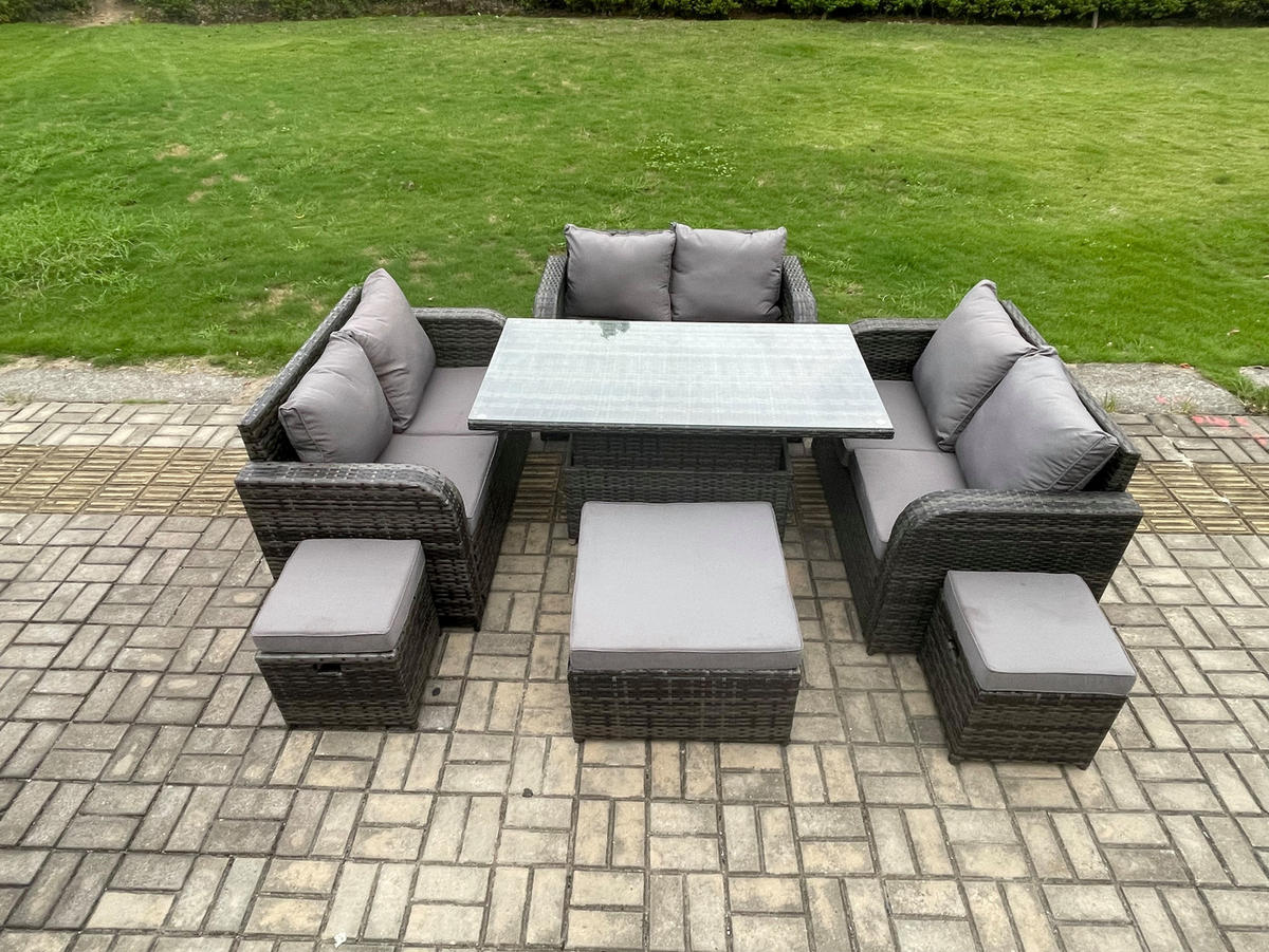 GARTENSOFA SET Polyrattan Dunkelgrau 9-Sitzer - Dunkelgrau, Metall - Fimous