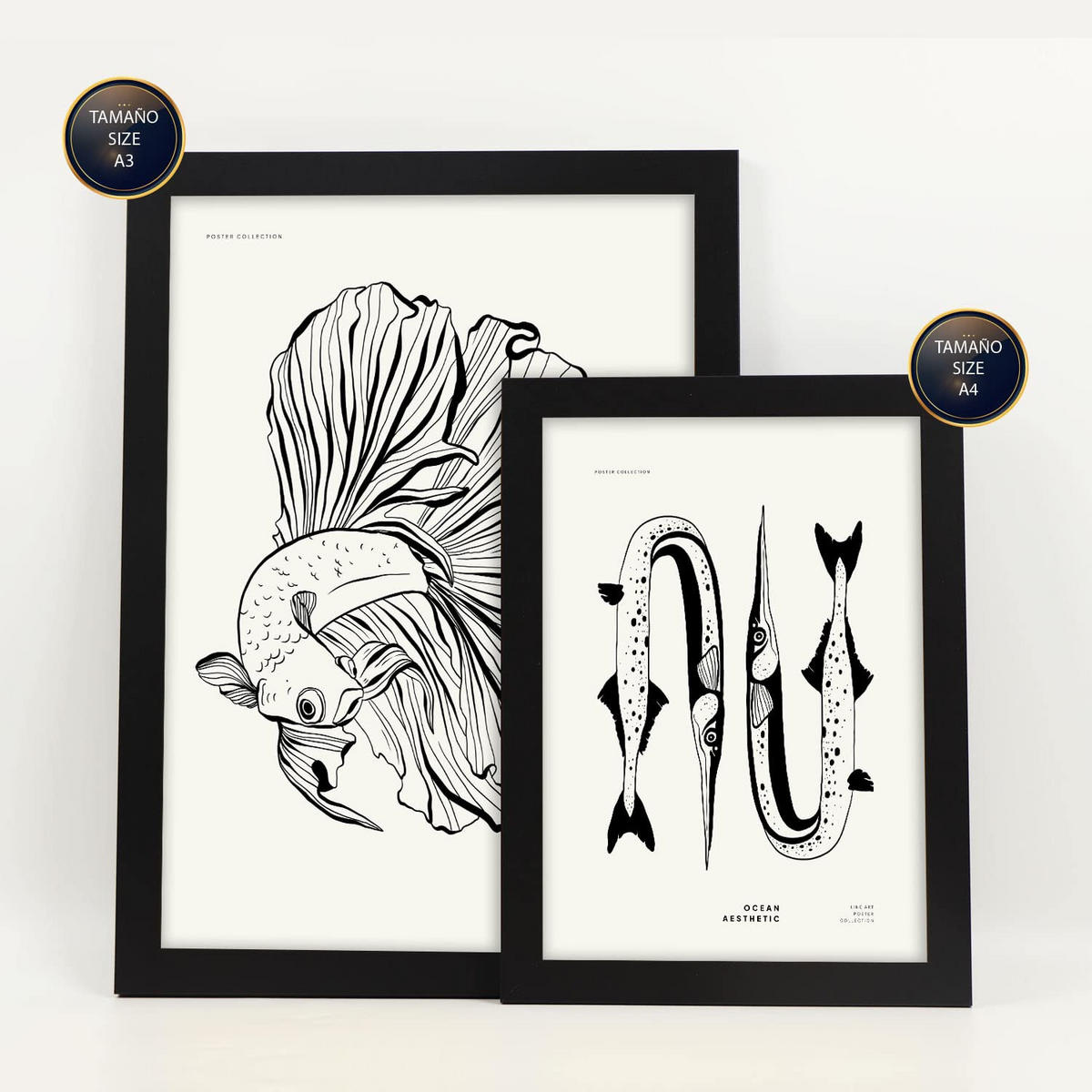 POSTER Set Mit 6 Schwarzer Tintenfisch Größe A3 & A4 Schwarzer Rahmen - Schwarz, Papier (29.7/1cm) - Nacnic
