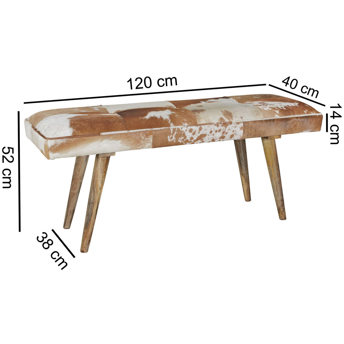 SITZBANK – Ziegenfell/Leder, Landhausstil, Mango Holz, 220 kg Belastbarkeit - Braun, Mangoholz/Leder (120/52/40cm) - KADIMA DESIGN