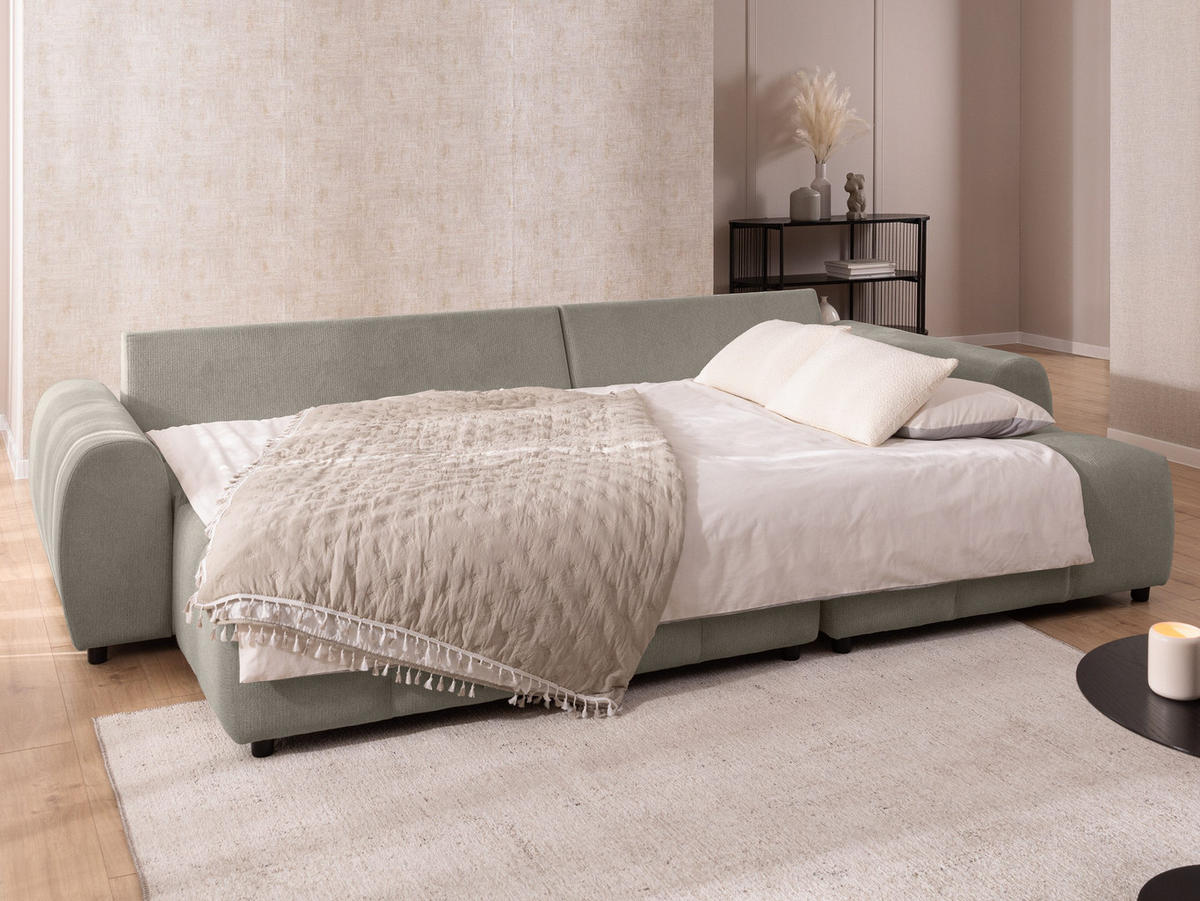 ECKSOFA inkl. Hocker Bubble mit Schlaffunktion und losen Rückenkissen, Sitzfläche Bubble-Optik aus weichem Taupe Strukturstoff - Ottomane Rechts - Taupe/Schwarz, Holz/Kunststoff (306/180cm) - S-Style Möbel