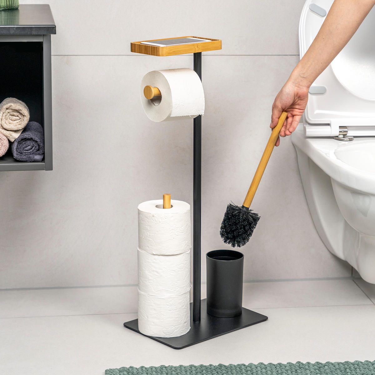 STAND-WC-GARNITUR 4in1, Bambus/Metall schwarz - Schwarz, Metall (30/68/20cm) - eluno