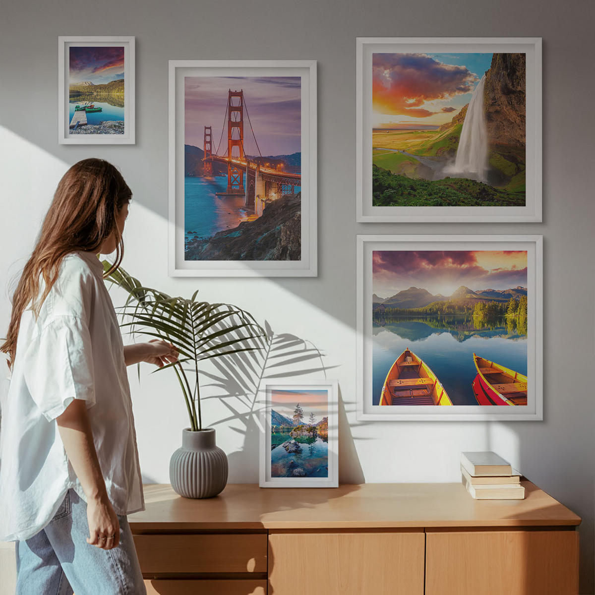 WANDBILDER 5er-Set - 50x50 cm & 20x30 cm & 40x60 cm Weißer Rahmen - Bergseen, Boote, Brücken - Weiß, Kunststoff (40/60cm) - ArtPrintCave